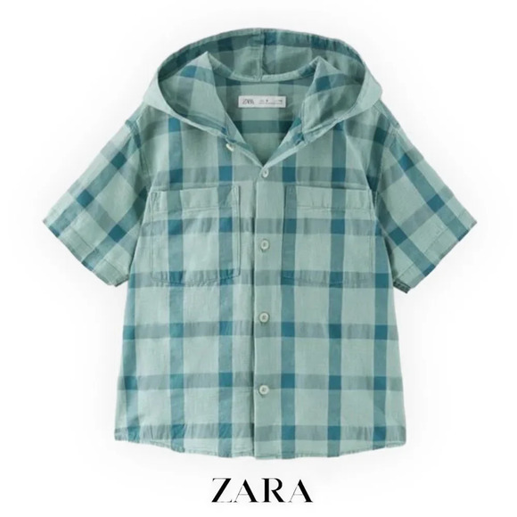 ZARA Kids | Turquoise | HOODED PLAID SHIRT - Picture 1 of 4